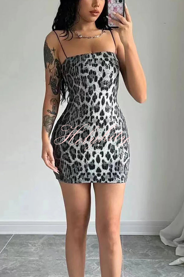 Leopard Print Sequin Sexy Sling Slim Fit Mini Dress