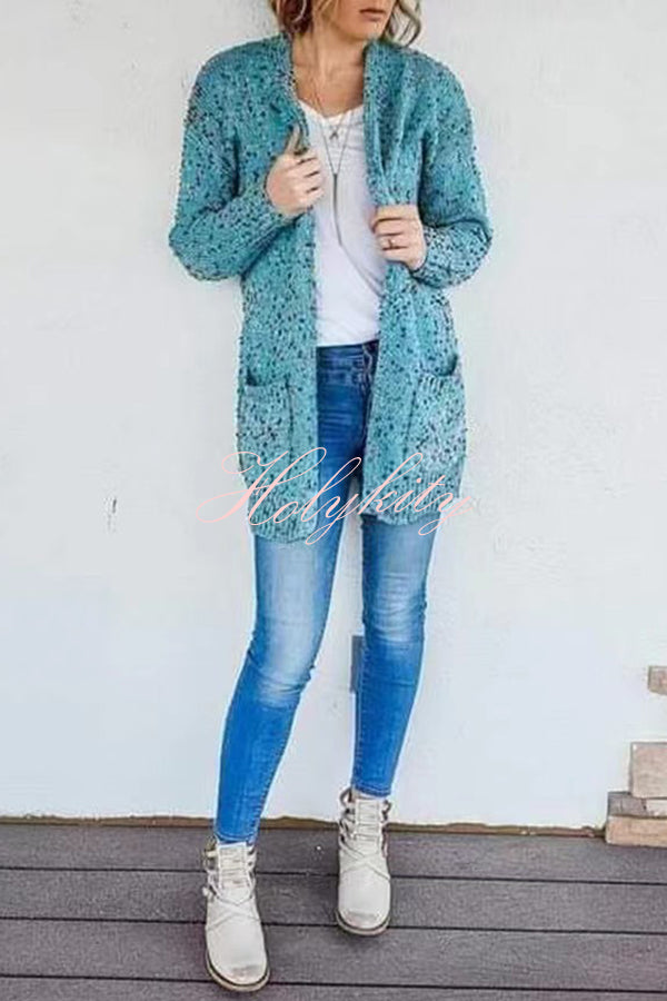 Aminga Colorful Spotted Pocket Crochet Long Sleeved Cardigan