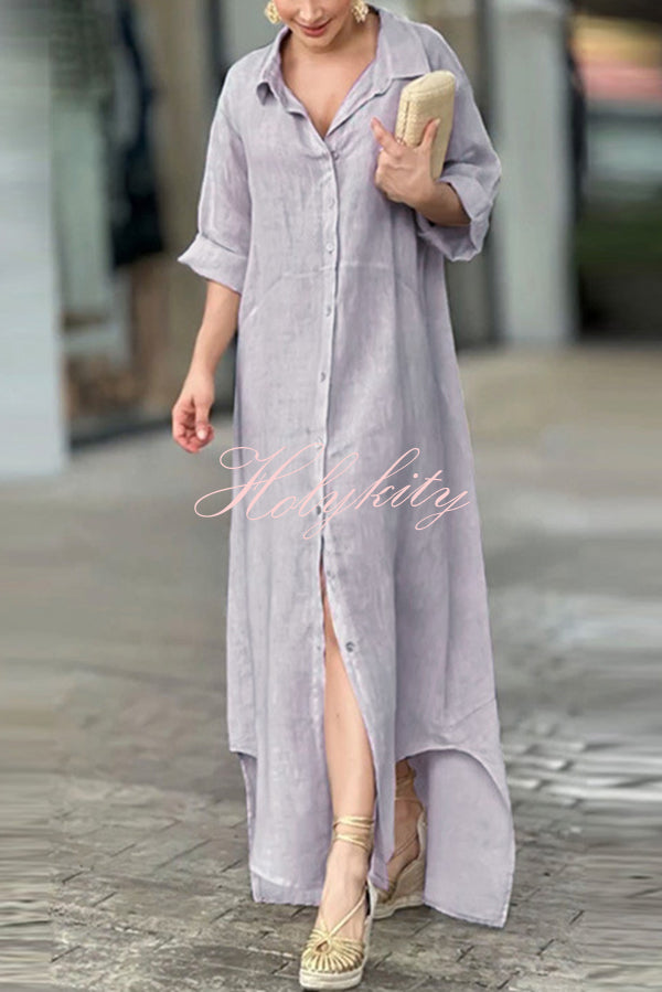 Linen Blend Solid Long Sleeve Buttoned Loose Shirt Style Maxi Dress