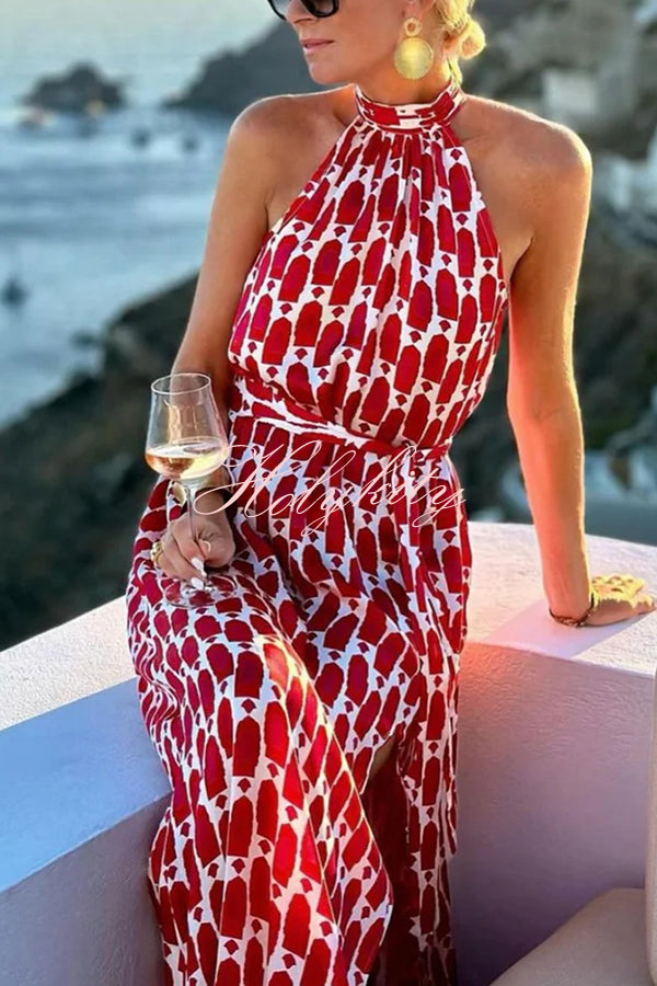 Unique Printed Sleeveless Halterneck Tie-waist Slit Maxi Dress