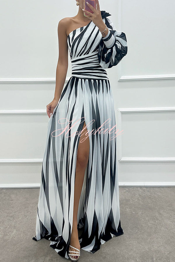 Purely Charming Printed Rose Pendant One Shoulder Pleated Slit Maxi Dress