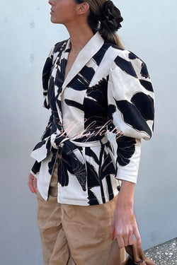 Sunny Sangria Unique Printed Puff Sleeve Waist Tie Lapel Jacket
