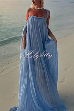 Fairy Spirit Tulle Braided Neckline Tie Arm Straps Pleated Maxi Dress