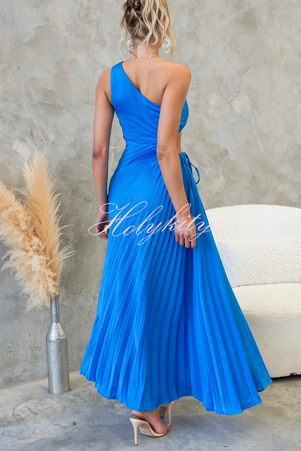 Charming One Shoulder Lace Up Cutout Pleated Maxi Dress