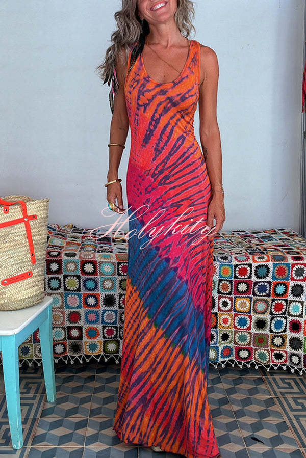Nahuel Tie-dye Print Back Lace-up Fishtail Hem Stretch Maxi Dress