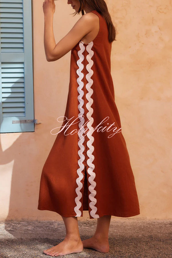 Vacation Villa Side Ric Rac Wave Trim Slit Loose Maxi Dress