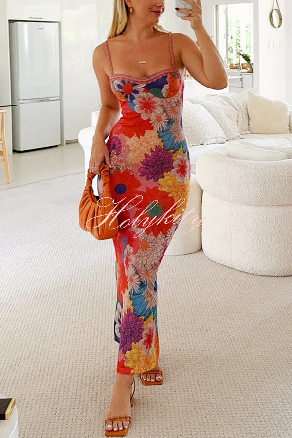 Floral Print Lace Trim Sexy Strapless Backless Slim Fit Maxi Dress