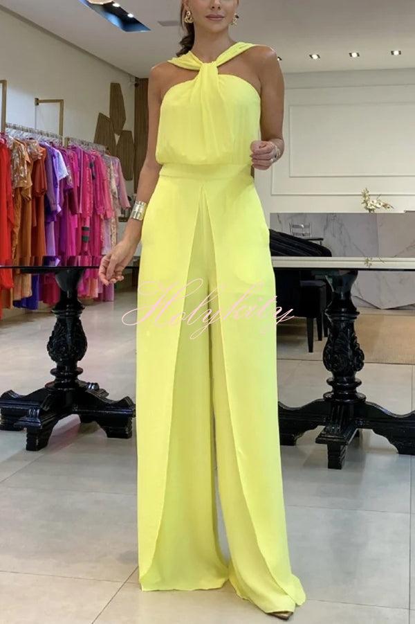 Solid Color Sleeveless Backless Halter Slit Wide Leg Jumpsuit