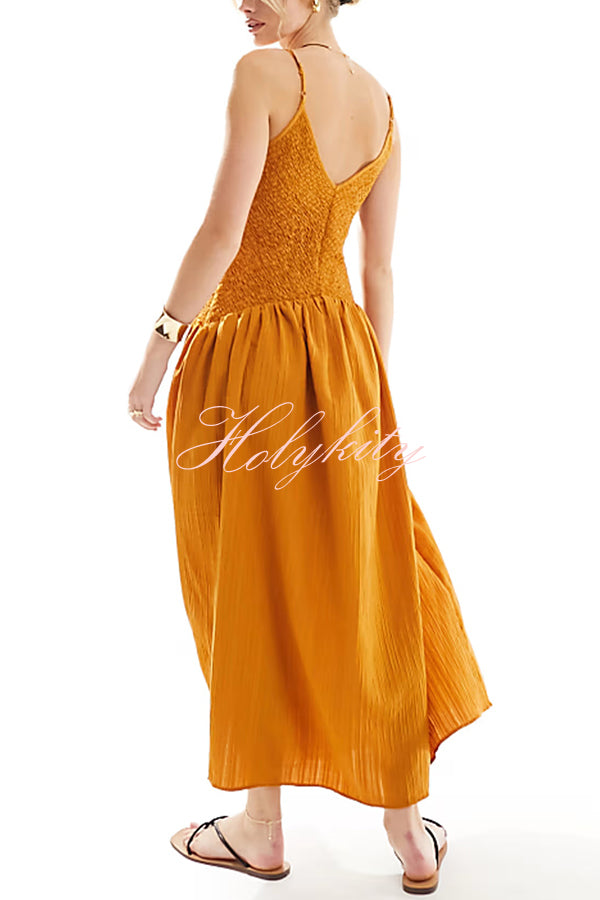 Fashionable V-neck Patchwork Smocked Sleeveless Suspender Midi Dress