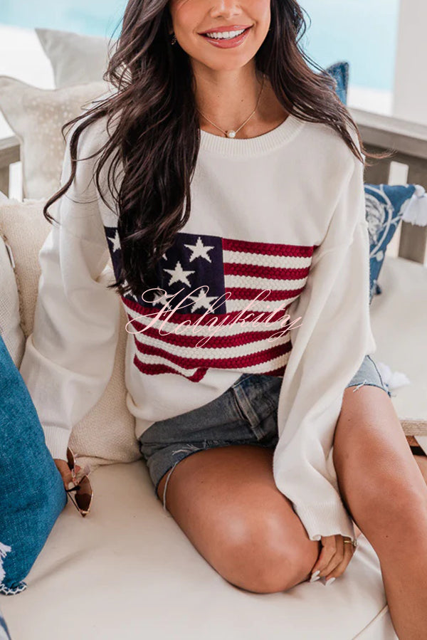 Independence Day Patchwork Long Sleeved Crew Neck Knitted Sweater