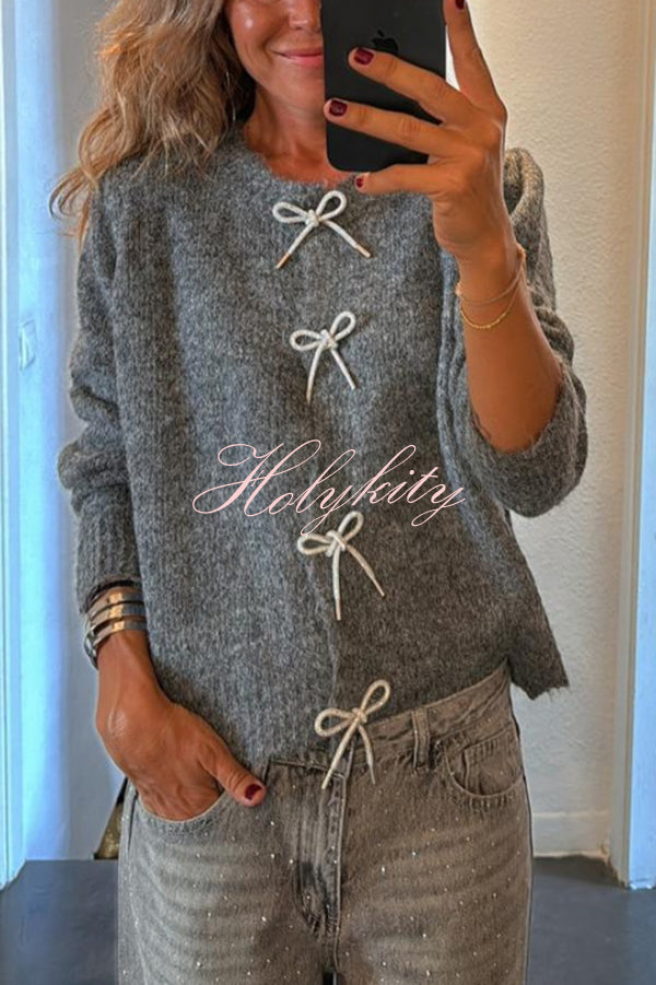 Paris Mornings Knit Front Bow Design Long Sleeve Relaxed Cardigan