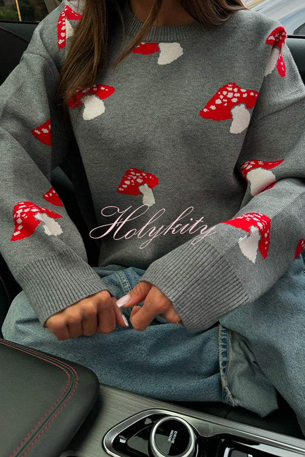 Mushroom Pattern Casual Loose Round Neck Knitted Sweater