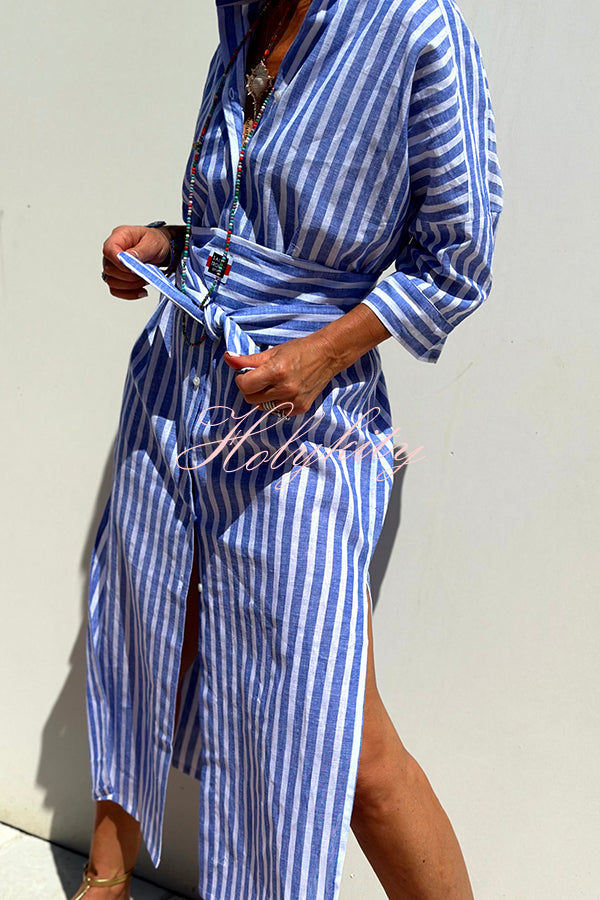 Summer Splendor Printed Button Half Sleeve Belt Loose Shirt Midi Dress