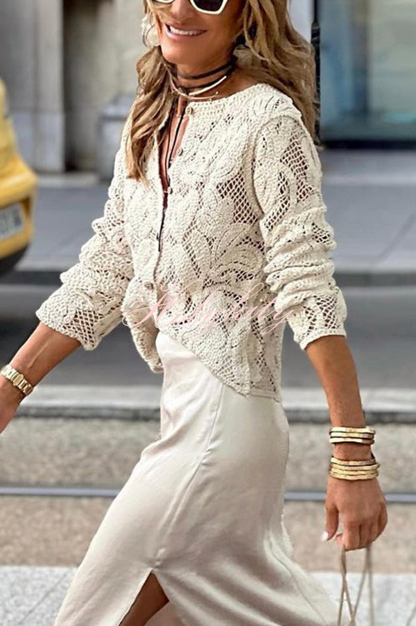 Stylish Knit Hollow Crochet Lace Long Sleeve Shirt Top