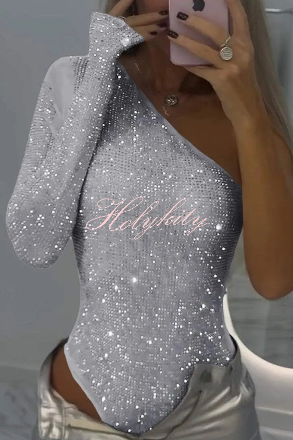 Solid Color Sequined One-shoulder Slim-fit Rompers