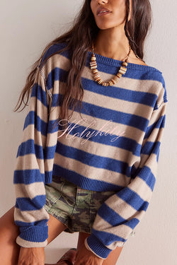 Striped Print Crew Neck Long Sleeve Loose Knitted Sweater