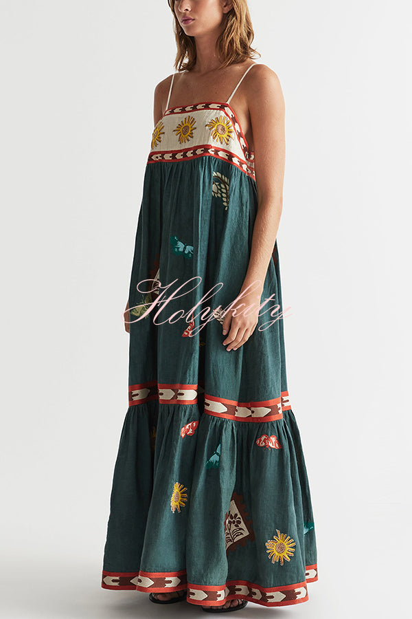 Unique Printed Sexy Suspender Backless Large Hem Maxi Dress