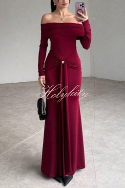 Naia Off Shoulder Long Sleeve Metal Buckle Adjustment Drape Stretch Maxi Dress