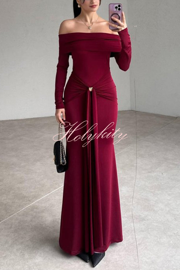 Naia Off Shoulder Long Sleeve Metal Buckle Adjustment Drape Stretch Maxi Dress