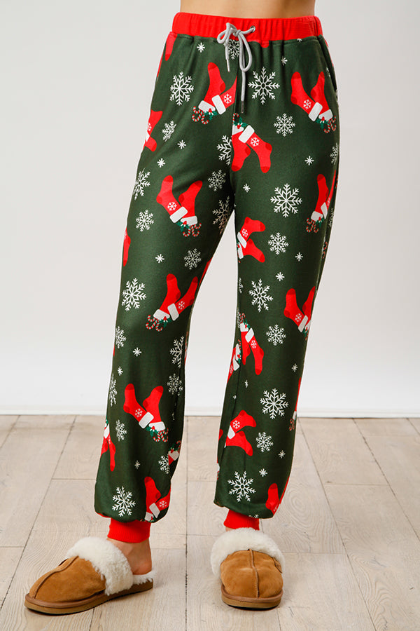 Christmas Print Button Long Sleeve Top and Elastic Waist Tie Pocket Pants Set