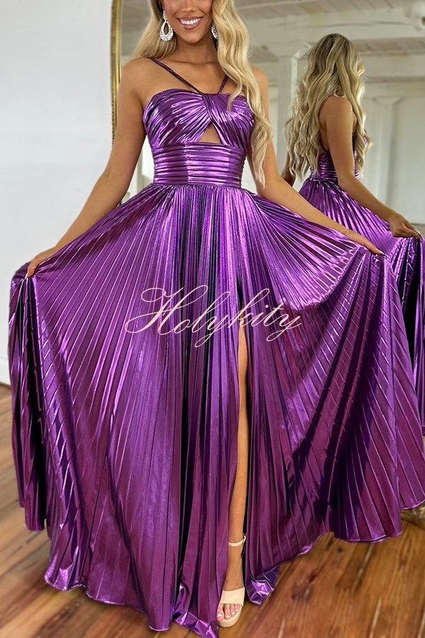 Queen Style Metallic Fabric Cross Neck Cutout Slit Pleated Maxi Dress