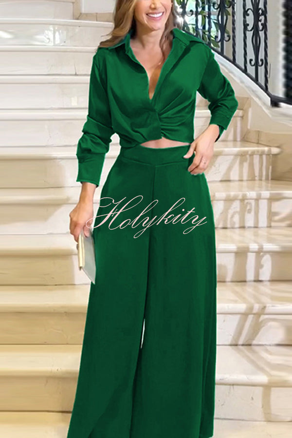 Satin Solid Color Lapel Long Sleeve Blouse and Loose-fitting Pocket Wide Leg Pants Set