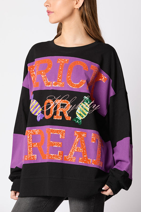 Halloween Letter Sequined Color Block Loose Casual Sweatshirt