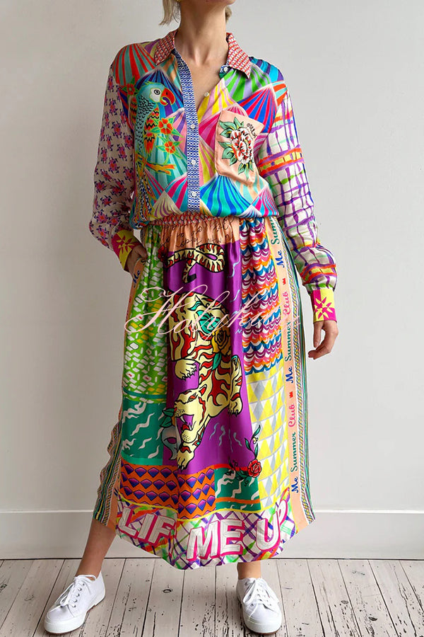 Boho Chic Satin Colorful Unique Print Elastic Waist Pocket Vacation Midi Skirt