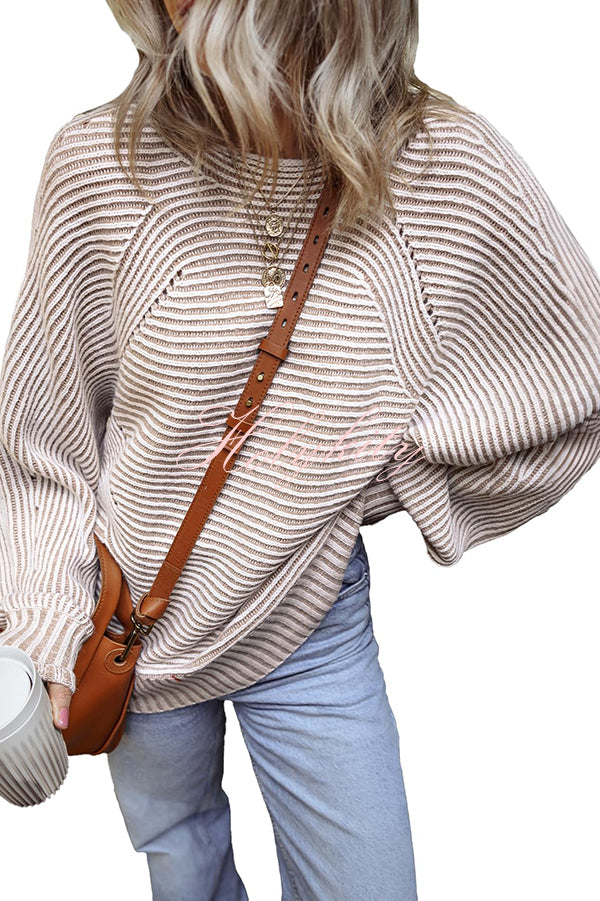 Knitted Striped Round Neck Dolman Sleeve Casual Loose Sweater