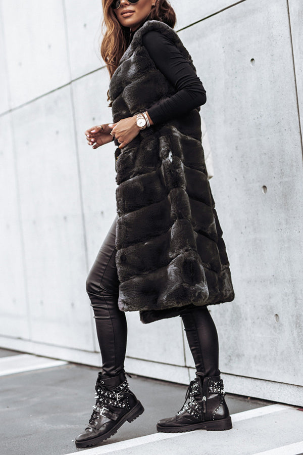 Solid Color Fur Round Neck Sleeveless Midi Vest Jacket