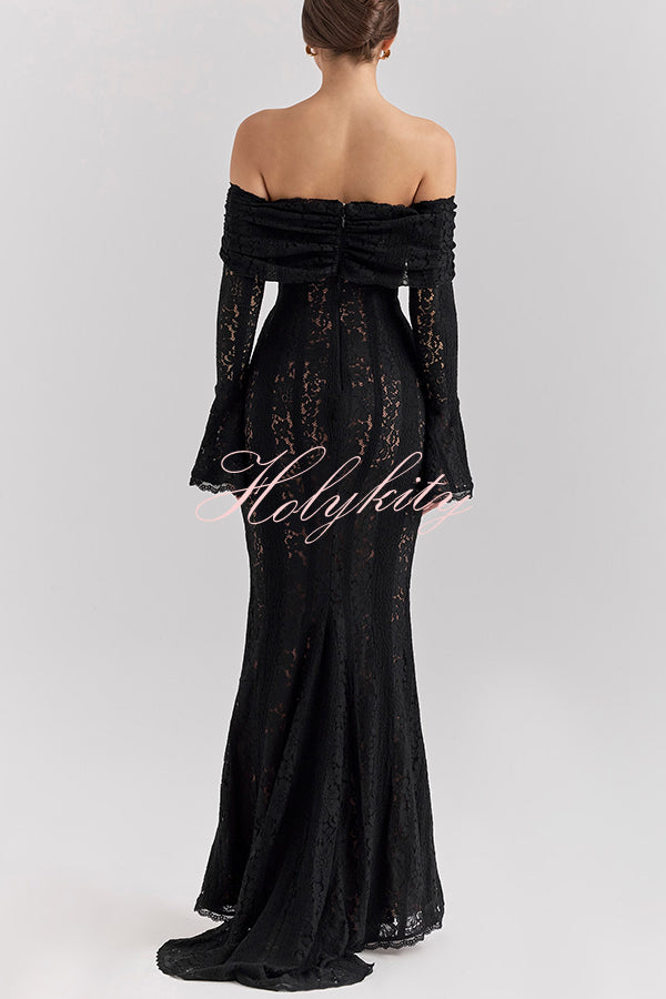 Outline The Curve Floral Lace Off Shoulder Bell Sleeve Stretch Maxi Dress