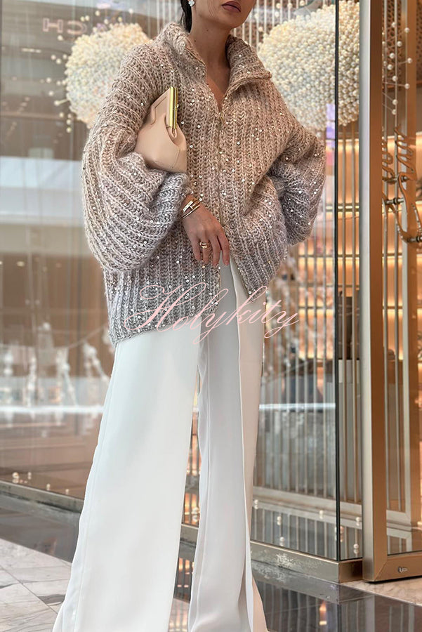 Warm Shining Heart Knit Sequin Balloon Sleeve Zipper Neck Loose Cardigan