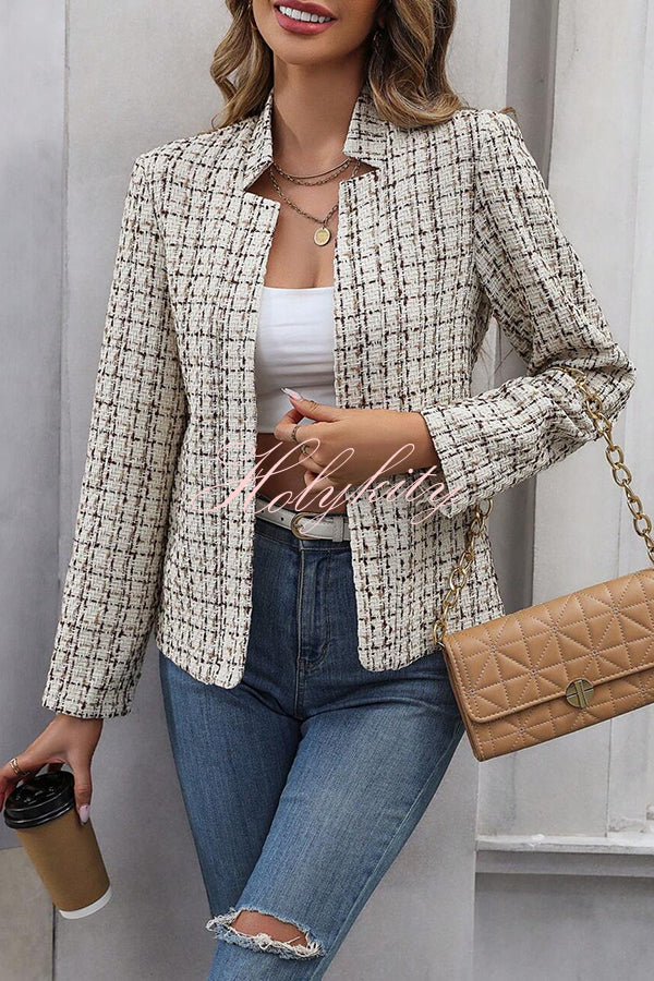 Ask You Out Tweed Plaid Long Sleeve Open Front Blazer