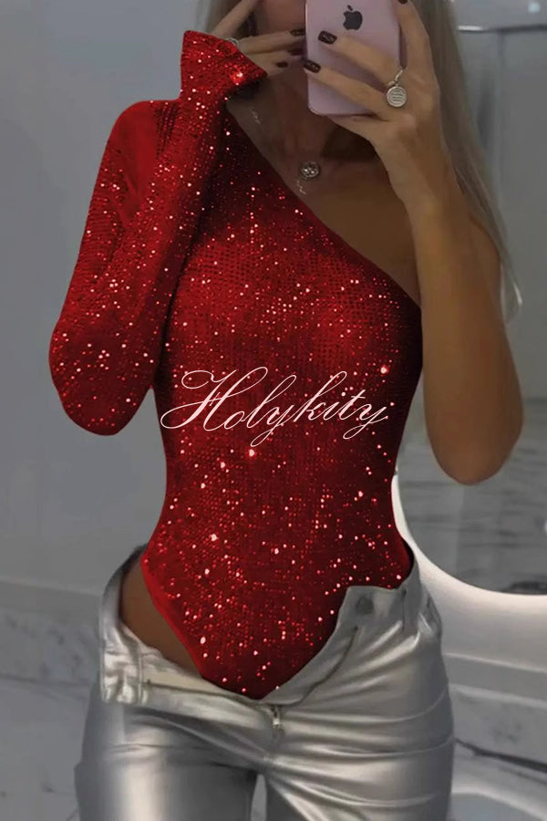 Solid Color Sequined One-shoulder Slim-fit Rompers