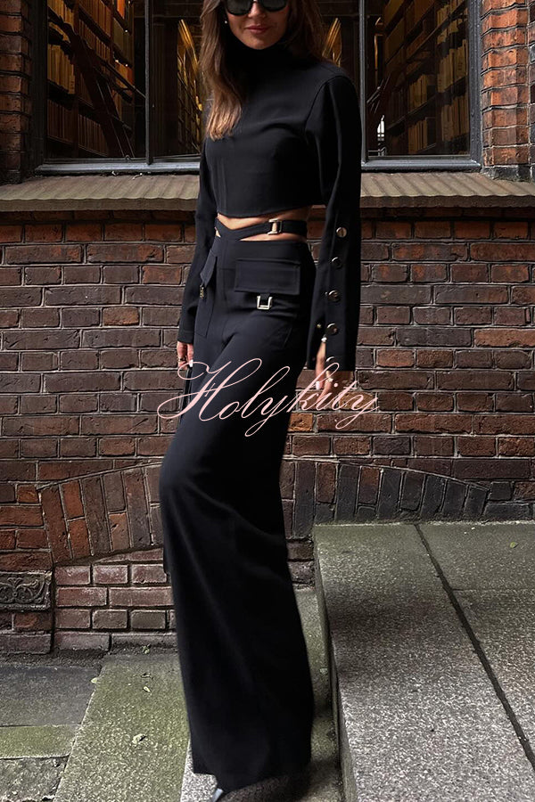 Leia High Neck Button Bell Sleeve Top and Cutout Waist Metal Pocketed Flare Pants Set