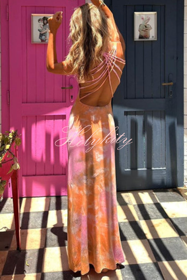 La Bamba Tie-dye Print Back Lace-up Stretch Maxi Dress