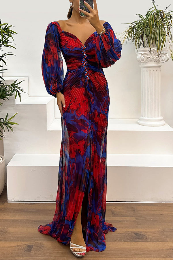 Sunset Serenade Printed Off Shoulder Diamond Embellished Pleated Slit Maxi Dress