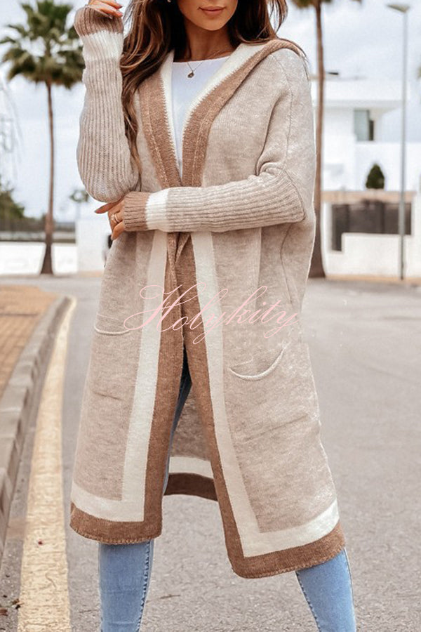 Catch Your Gaze Colorblock Pocket Hooded Long Cardigan