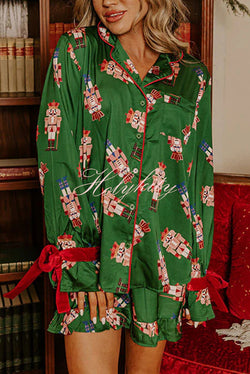 Christmas Dreaming Satin Nutcrackers Print Velvet Trim Elastic Waist Pocketed Pajama Shorts Set