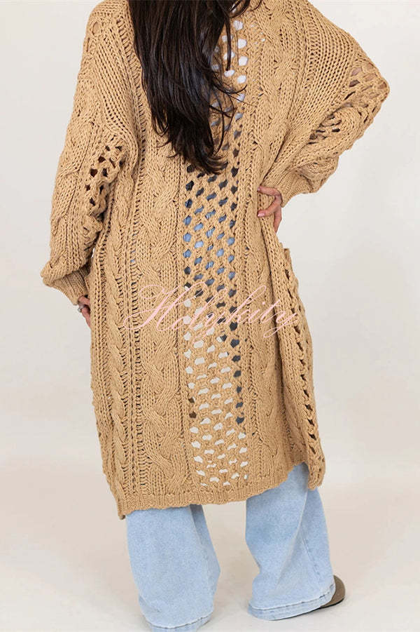 Jamila Knit Cable Cotout Long Sleeve Pocket Oversized Midi Cardigan