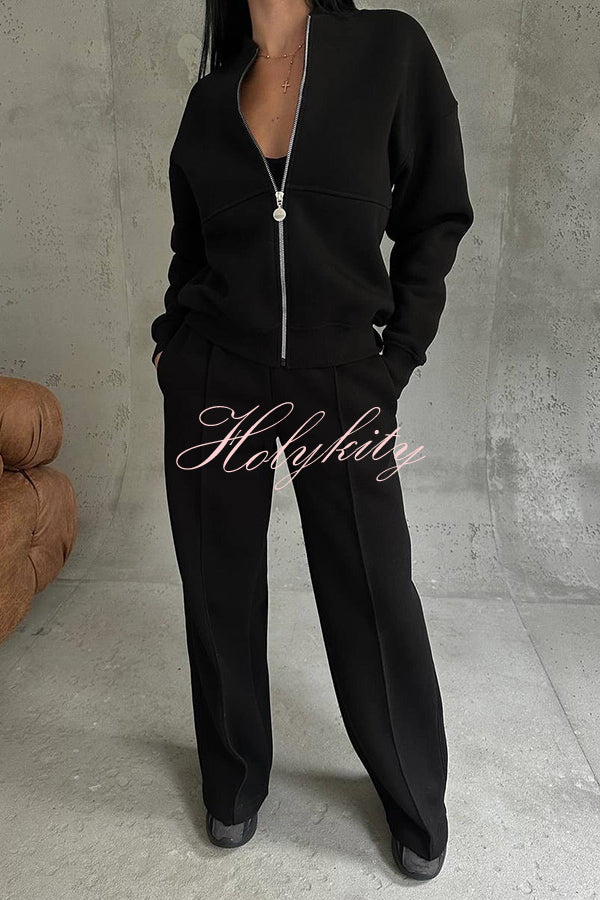 Solid Color Casual Long Sleeve Zipper Jacket and Elastic Waist Pocket Wide Leg Pants Set