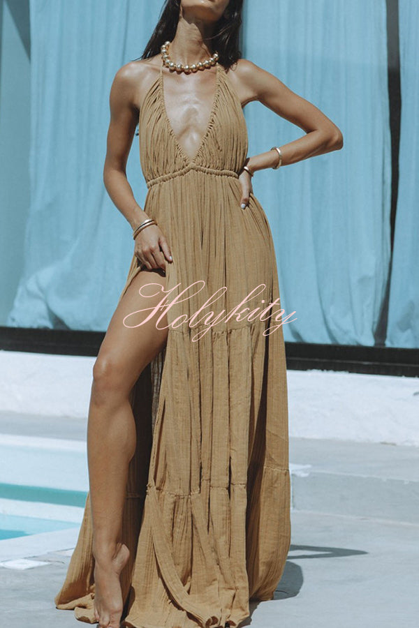 Laelia Linen Blend Halter Backless Slit Cover Up Maxi Dress