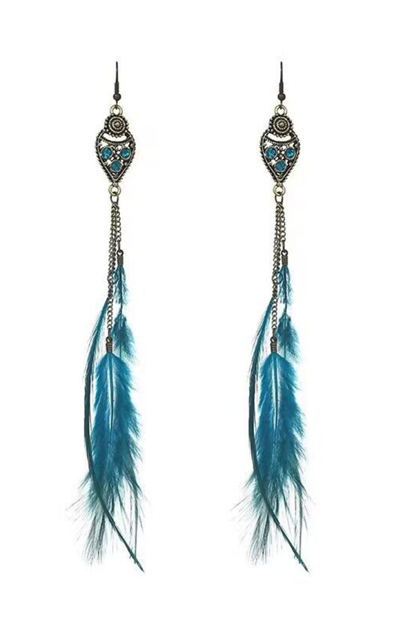 Vintage chain tassel bohemian feather earrings