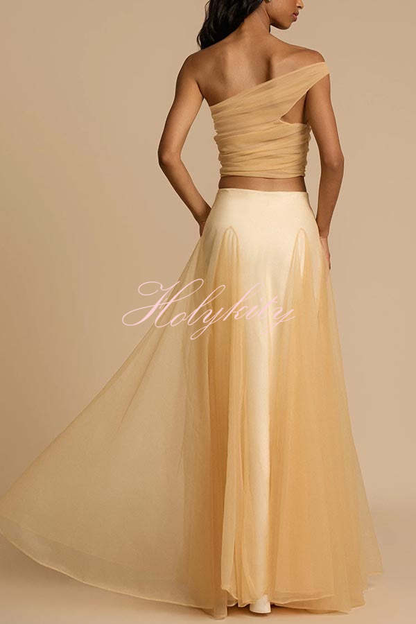 Romance Factor Satin Patchwork Tulle High Rise Elastic Waist A-line Maxi Skirt