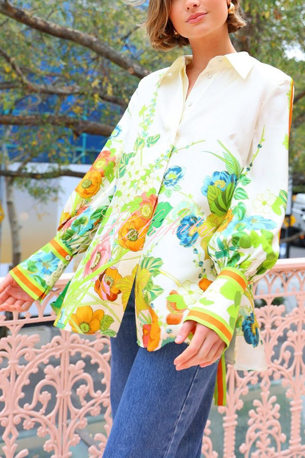 Antibes Satin Floral Print Back Tie-up Button Down Oversized Blouse