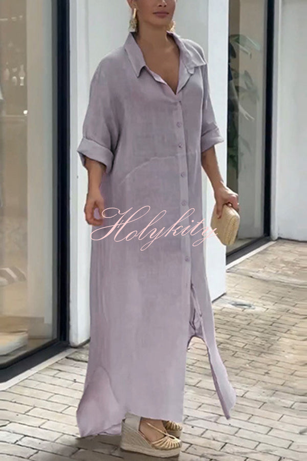 Linen Blend Solid Long Sleeve Buttoned Loose Shirt Style Maxi Dress