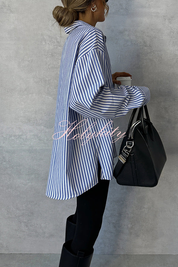 Fashionable Striped Printed Loose Long-sleeved Casual Shirt