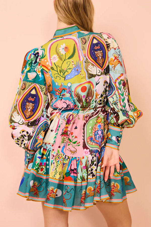 Touch of Luxury Unique Print Balloon Sleeve Button Shirt Mini Dress