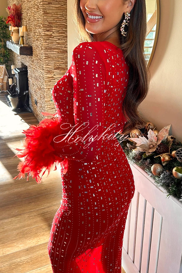 Sexy Long Sleeve Round Neck Feather Edge Rhinestone Decoration Slim Fit Maxi Dress