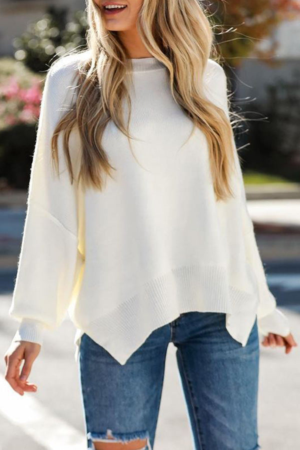 Distressed Knit Side Slit Long Sleeve Pullover Sweater